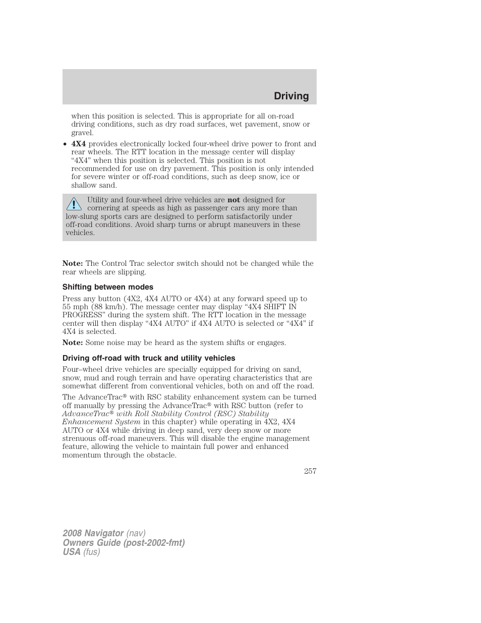 Shifting between modes, Driving off-road with truck and utility vehicles, Driving | Lincoln 2008 Navigator User Manual | Page 655 / 750