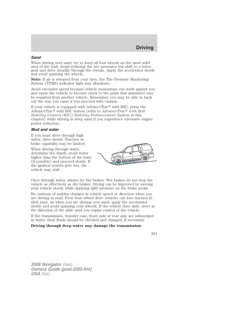 Sand, Mud and water, Driving | Lincoln 2008 Navigator User Manual | Page 659 / 750
