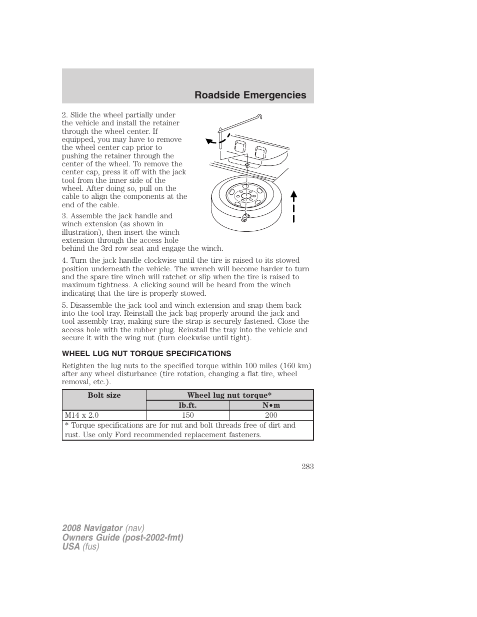 Wheel lug nut torque specifications, Roadside emergencies | Lincoln 2008 Navigator User Manual | Page 681 / 750