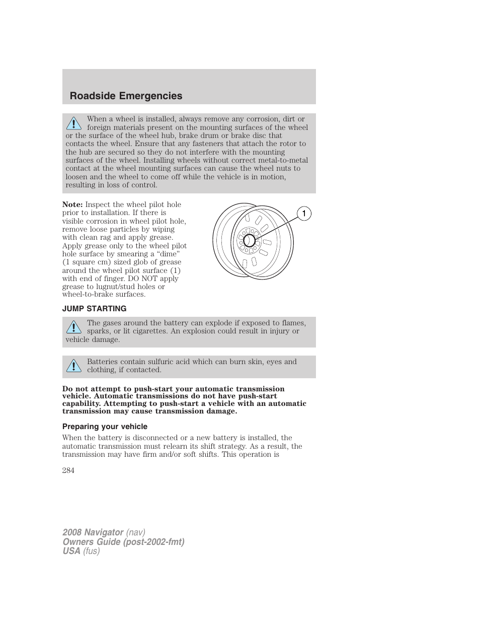 Jump starting, Preparing your vehicle, Roadside emergencies | Lincoln 2008 Navigator User Manual | Page 682 / 750