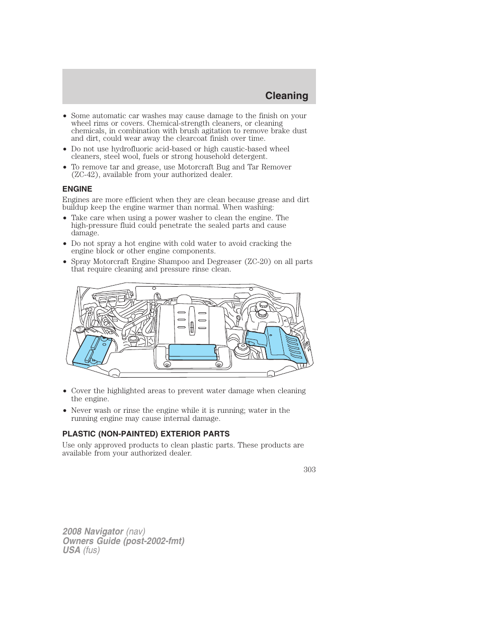 Engine, Plastic (non-painted) exterior parts, Cleaning | Lincoln 2008 Navigator User Manual | Page 701 / 750