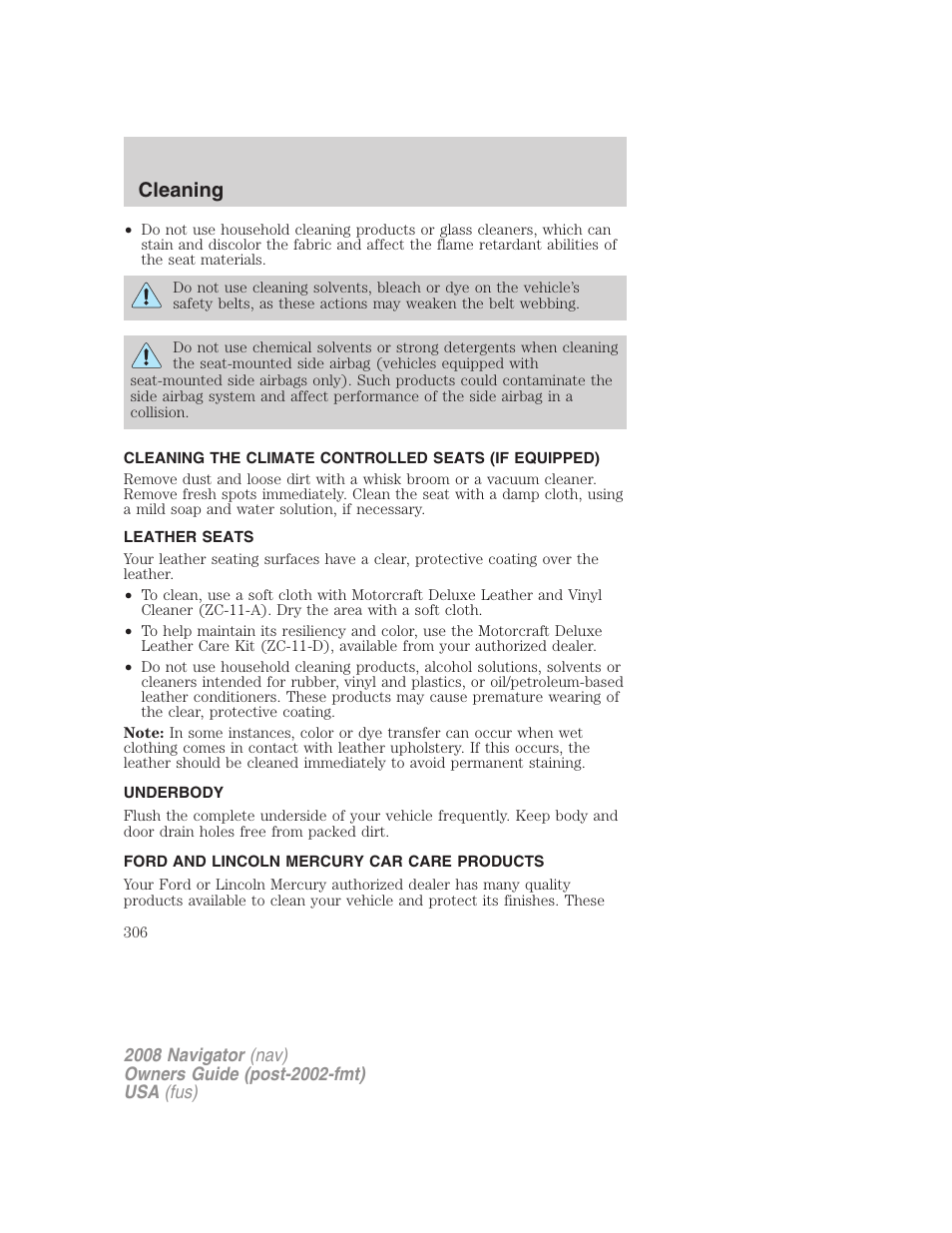 Leather seats, Underbody, Ford and lincoln mercury car care products | Cleaning | Lincoln 2008 Navigator User Manual | Page 704 / 750