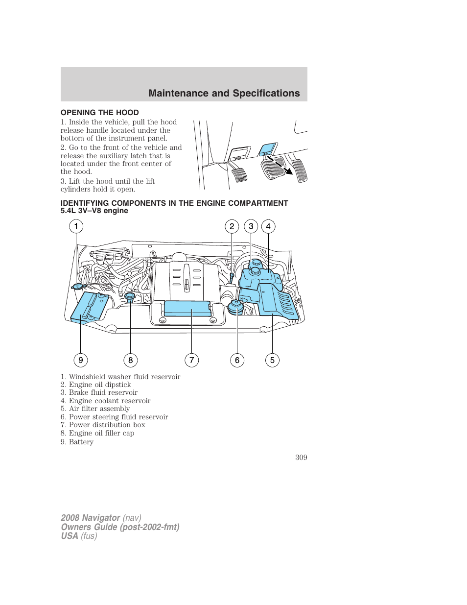 Opening the hood, Identifying components in the engine compartment, 4l 3v–v8 engine | Maintenance and specifications | Lincoln 2008 Navigator User Manual | Page 707 / 750