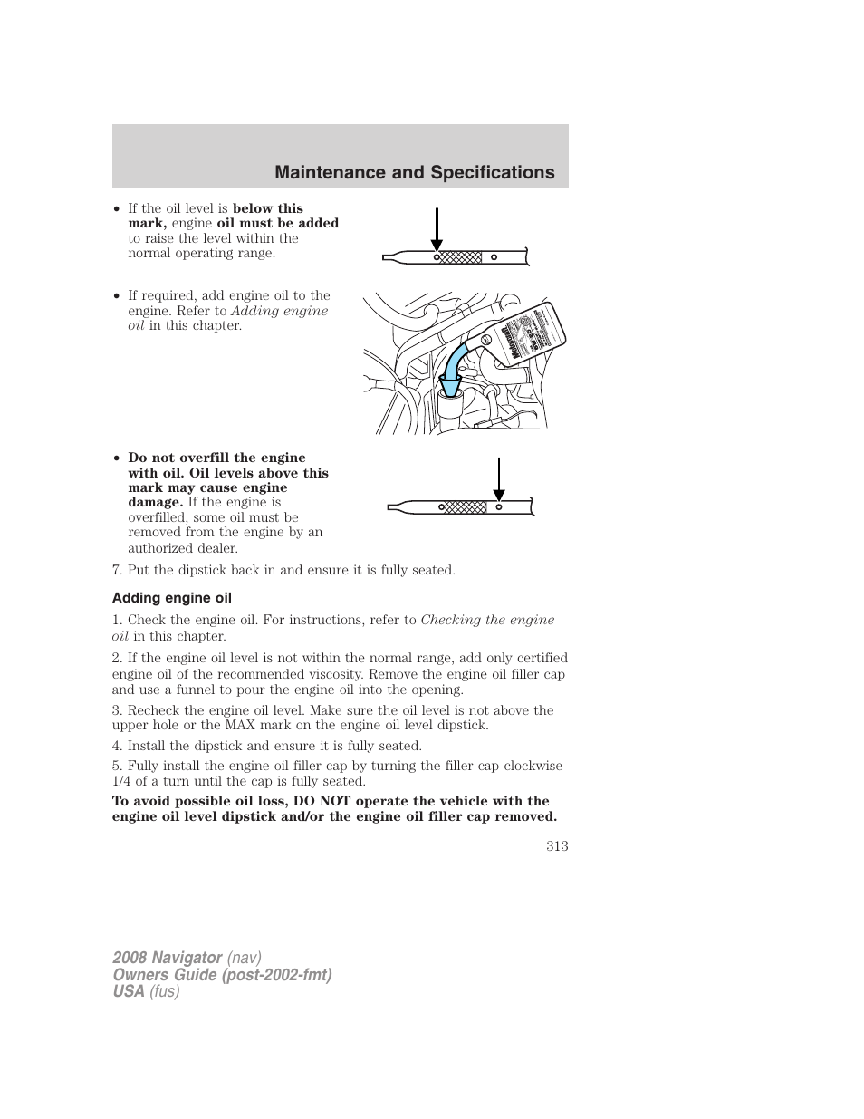 Adding engine oil, Maintenance and specifications | Lincoln 2008 Navigator User Manual | Page 711 / 750