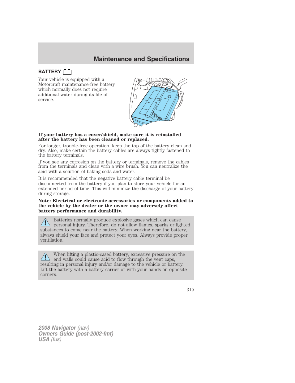 Battery, Maintenance and specifications | Lincoln 2008 Navigator User Manual | Page 713 / 750