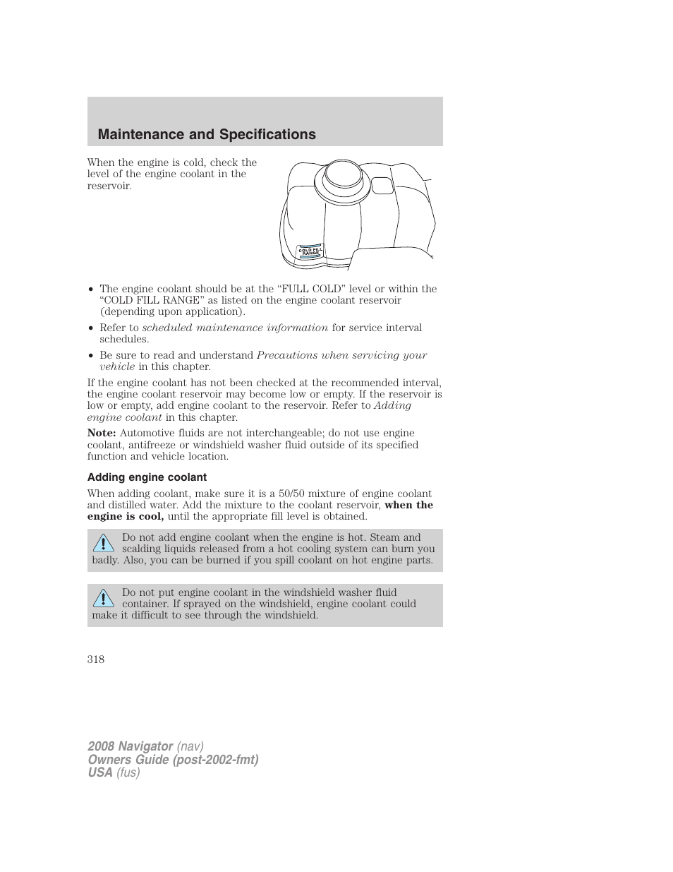 Adding engine coolant, Maintenance and specifications | Lincoln 2008 Navigator User Manual | Page 716 / 750