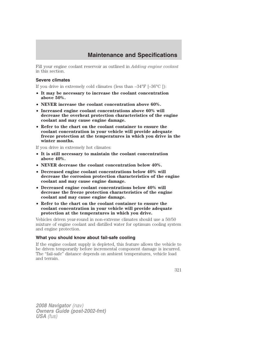 Severe climates, What you should know about fail-safe cooling, Maintenance and specifications | Lincoln 2008 Navigator User Manual | Page 719 / 750