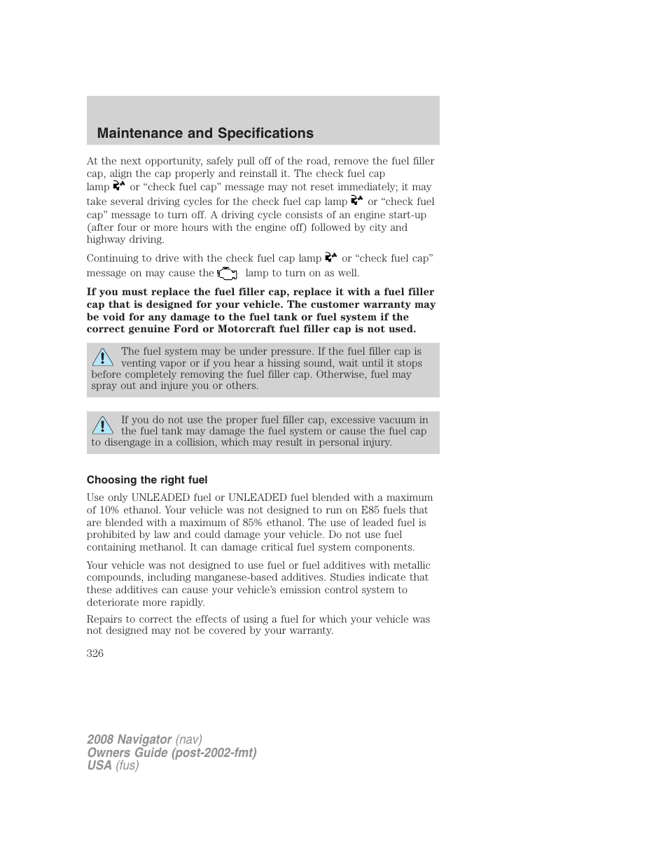 Choosing the right fuel, Maintenance and specifications | Lincoln 2008 Navigator User Manual | Page 724 / 750