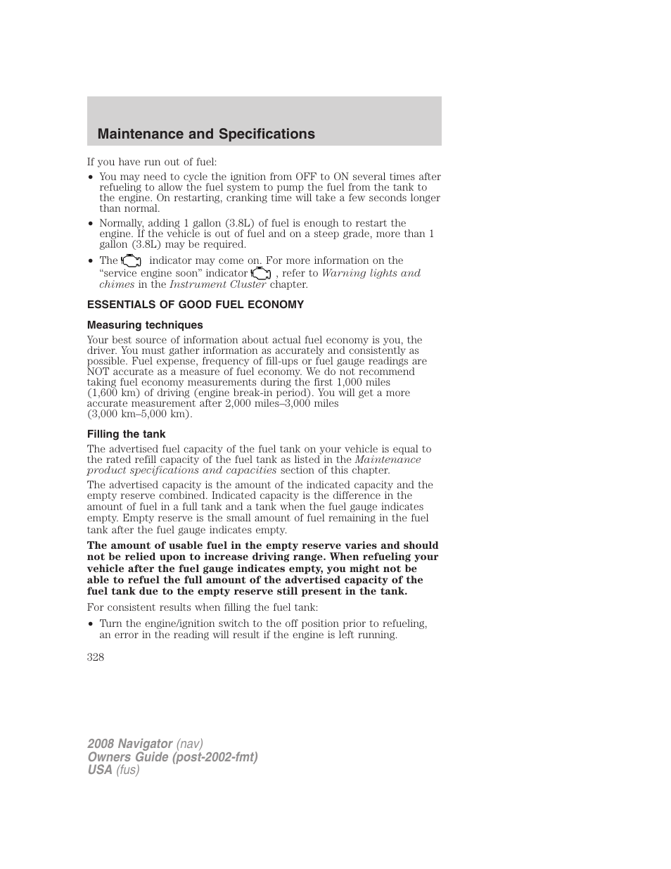Essentials of good fuel economy, Measuring techniques, Filling the tank | Maintenance and specifications | Lincoln 2008 Navigator User Manual | Page 726 / 750