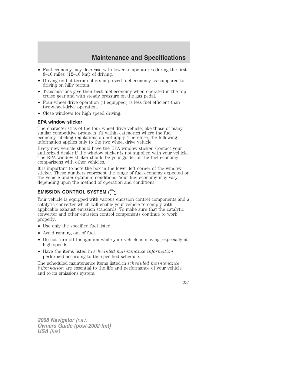 Epa window sticker, Emission control system, Maintenance and specifications | Lincoln 2008 Navigator User Manual | Page 729 / 750