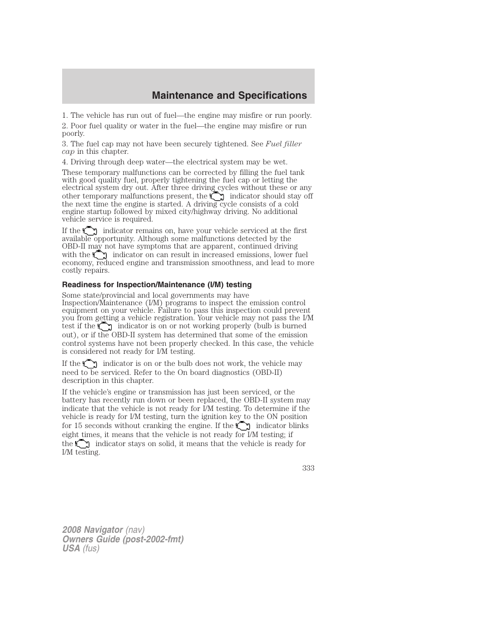 Readiness for inspection/maintenance (i/m) testing, Maintenance and specifications | Lincoln 2008 Navigator User Manual | Page 731 / 750