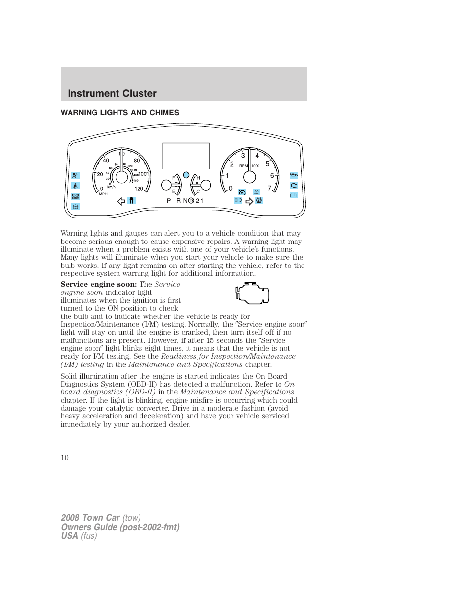 Instrument cluster, Warning lights and chimes | Lincoln 2008 Town Car User Manual | Page 10 / 272