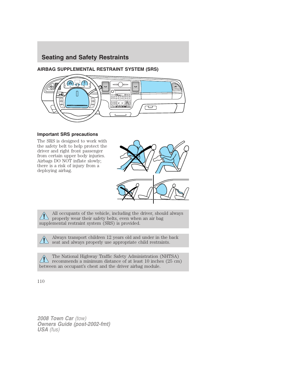 Airbag supplemental restraint system (srs), Important srs precautions, Airbags | Seating and safety restraints | Lincoln 2008 Town Car User Manual | Page 110 / 272