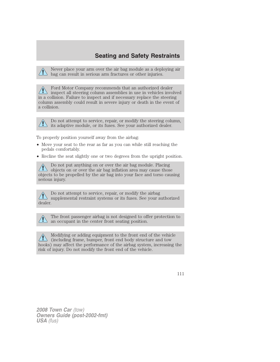 Seating and safety restraints | Lincoln 2008 Town Car User Manual | Page 111 / 272