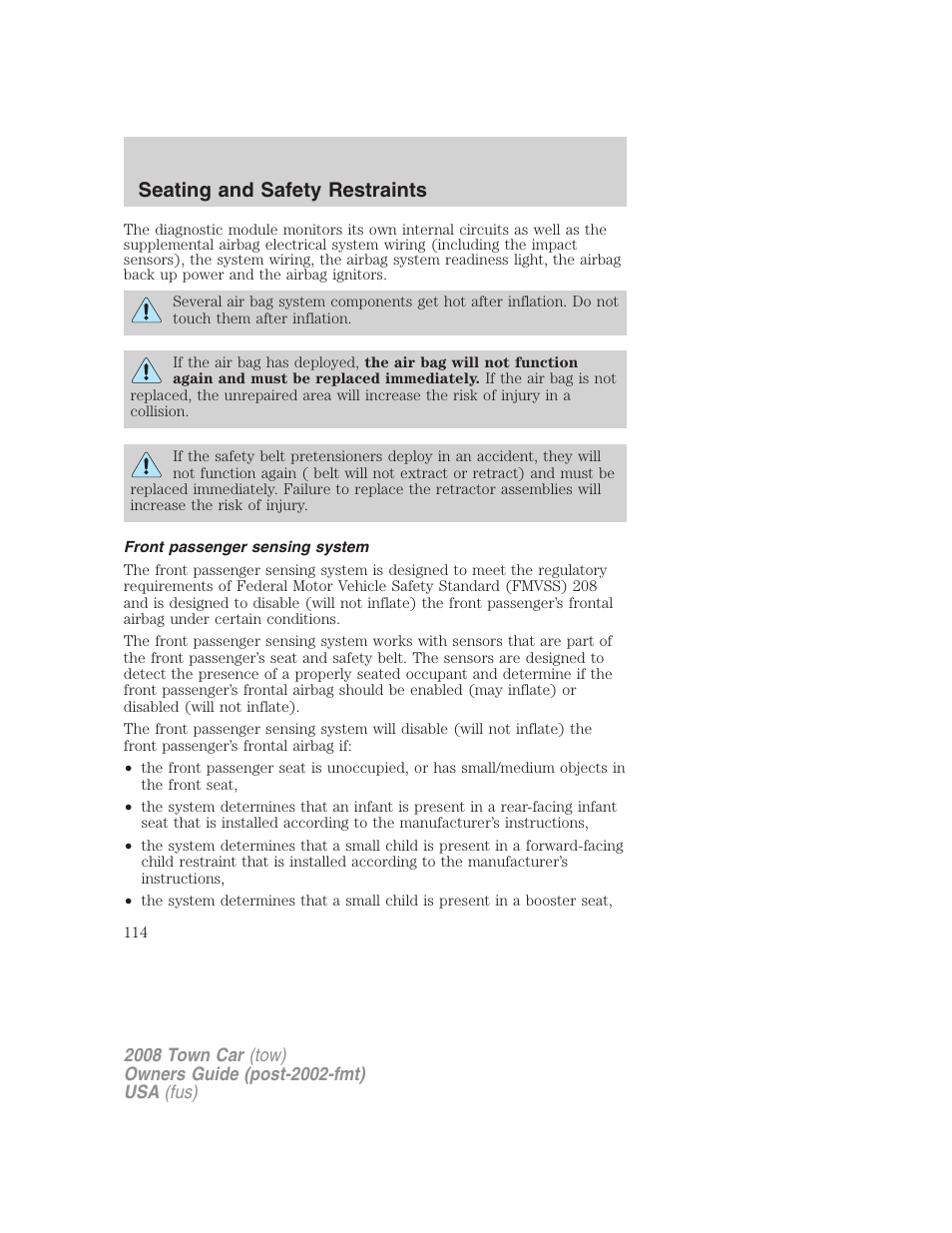 Front passenger sensing system, Seating and safety restraints | Lincoln 2008 Town Car User Manual | Page 114 / 272