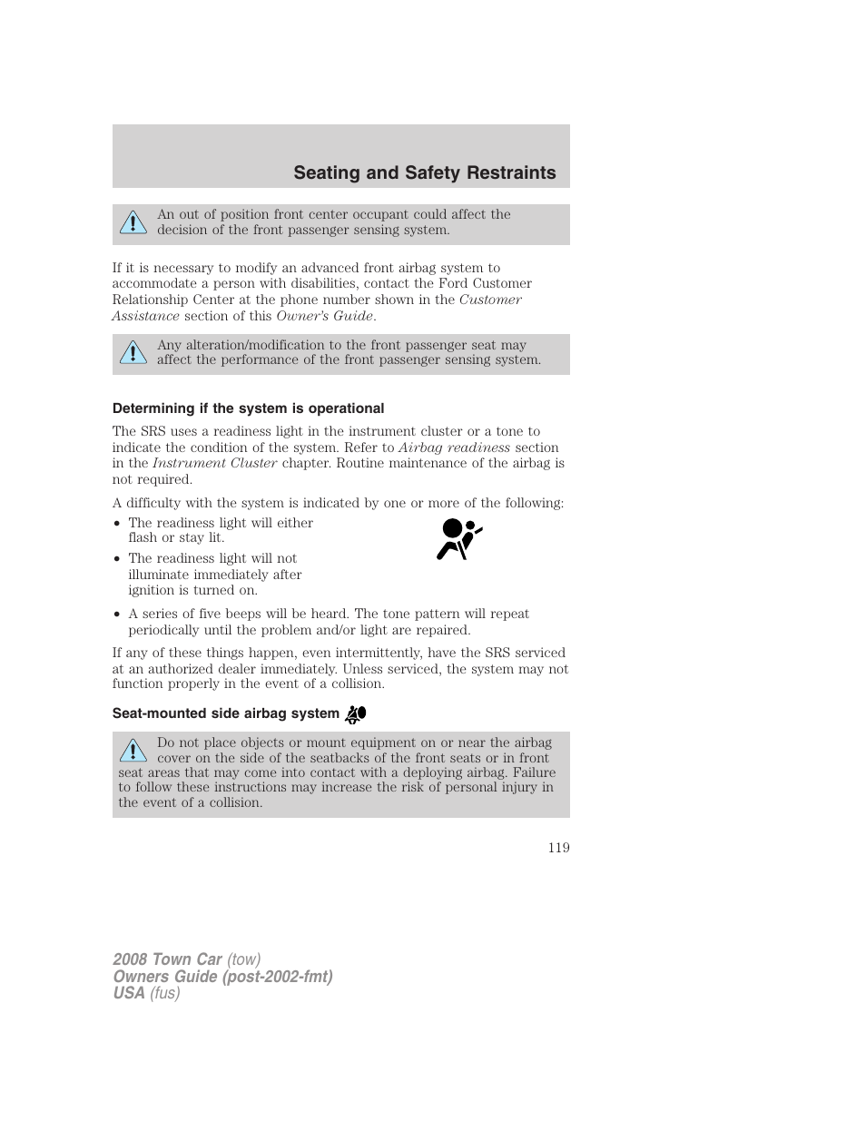 Determining if the system is operational, Seat-mounted side airbag system, Seating and safety restraints | Lincoln 2008 Town Car User Manual | Page 119 / 272