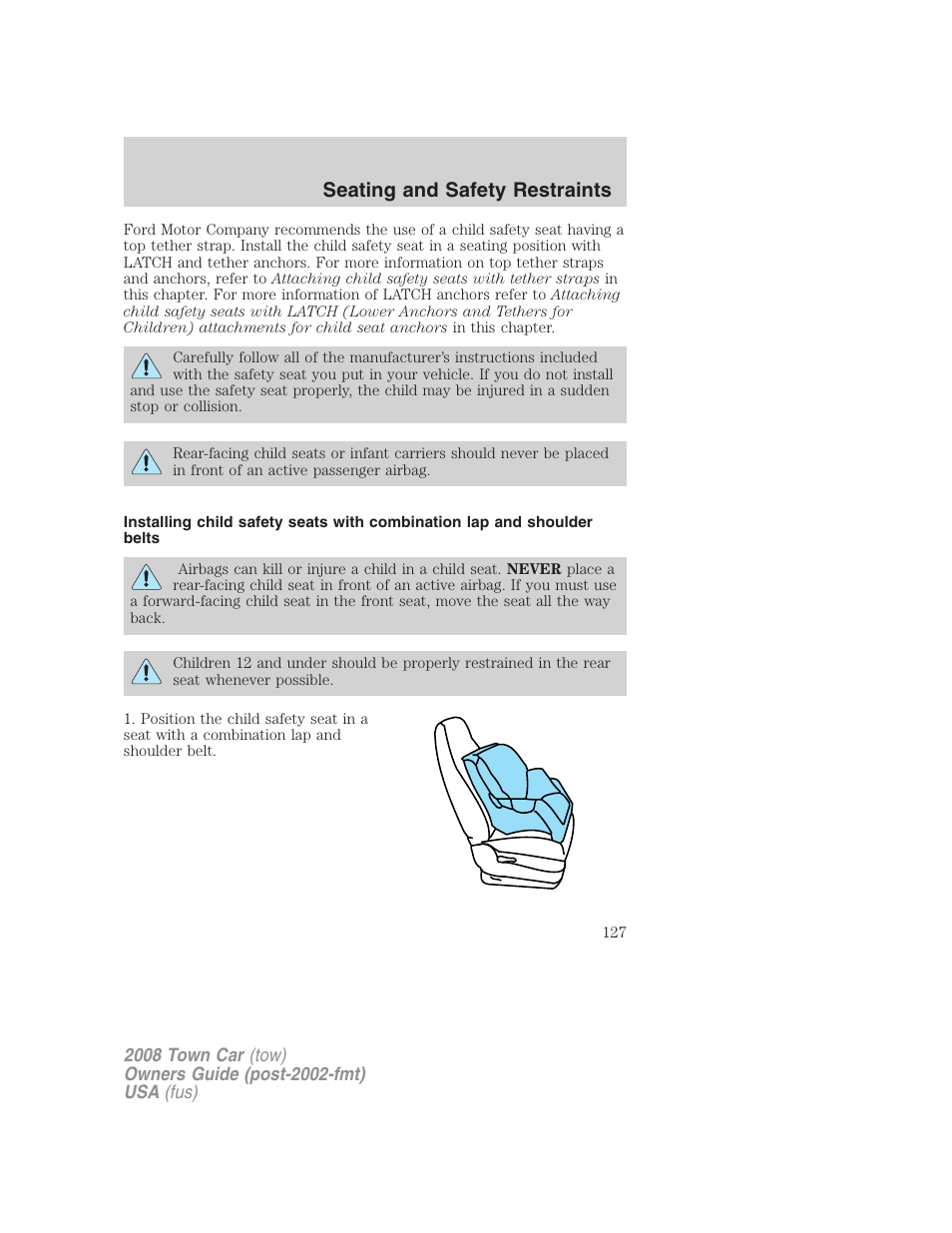 Seating and safety restraints | Lincoln 2008 Town Car User Manual | Page 127 / 272