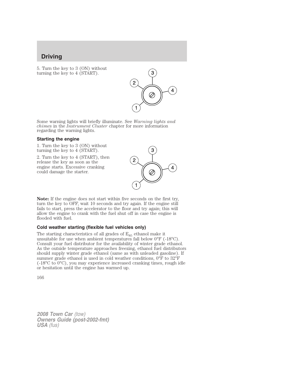 Starting the engine, Driving | Lincoln 2008 Town Car User Manual | Page 166 / 272