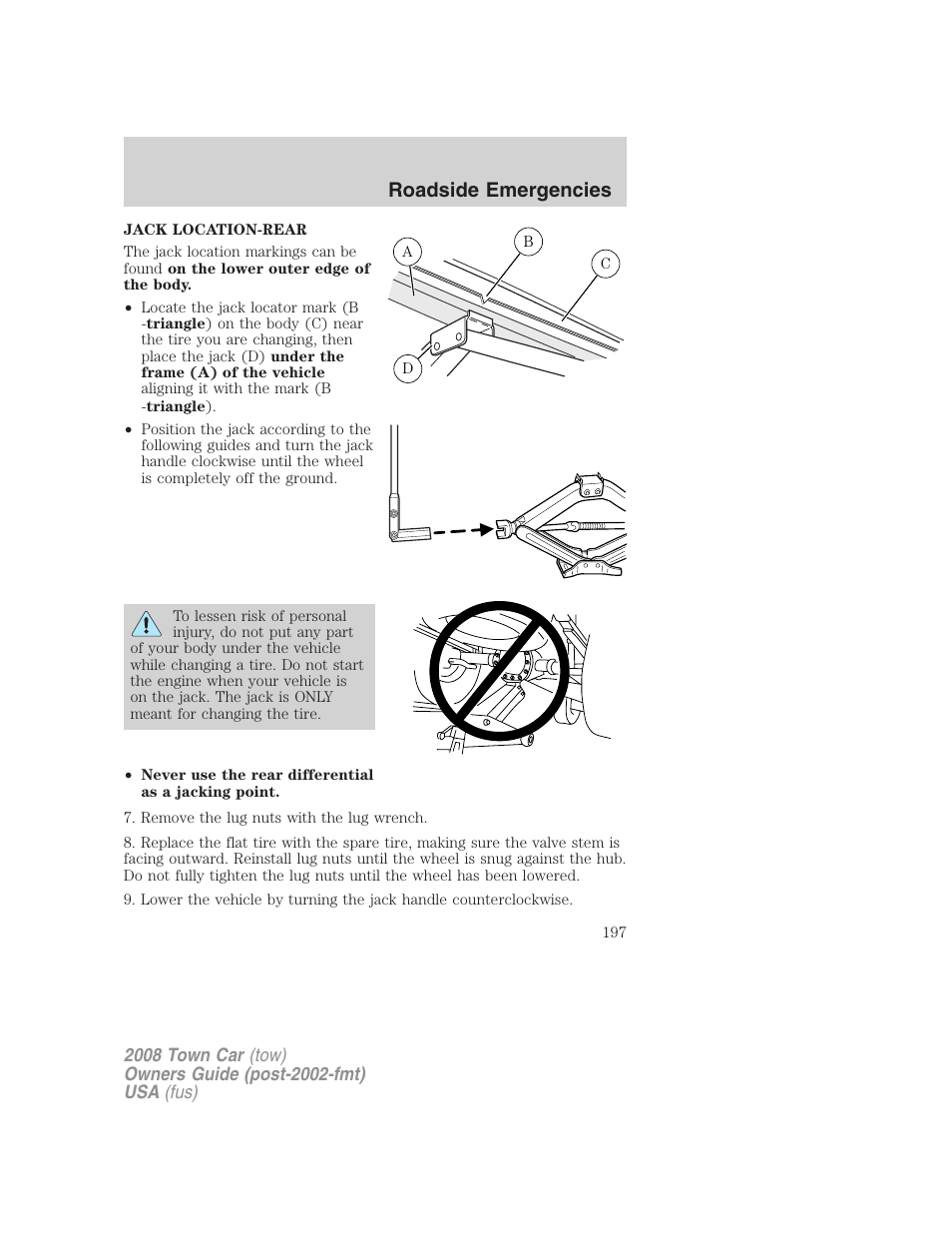 Roadside emergencies | Lincoln 2008 Town Car User Manual | Page 197 / 272