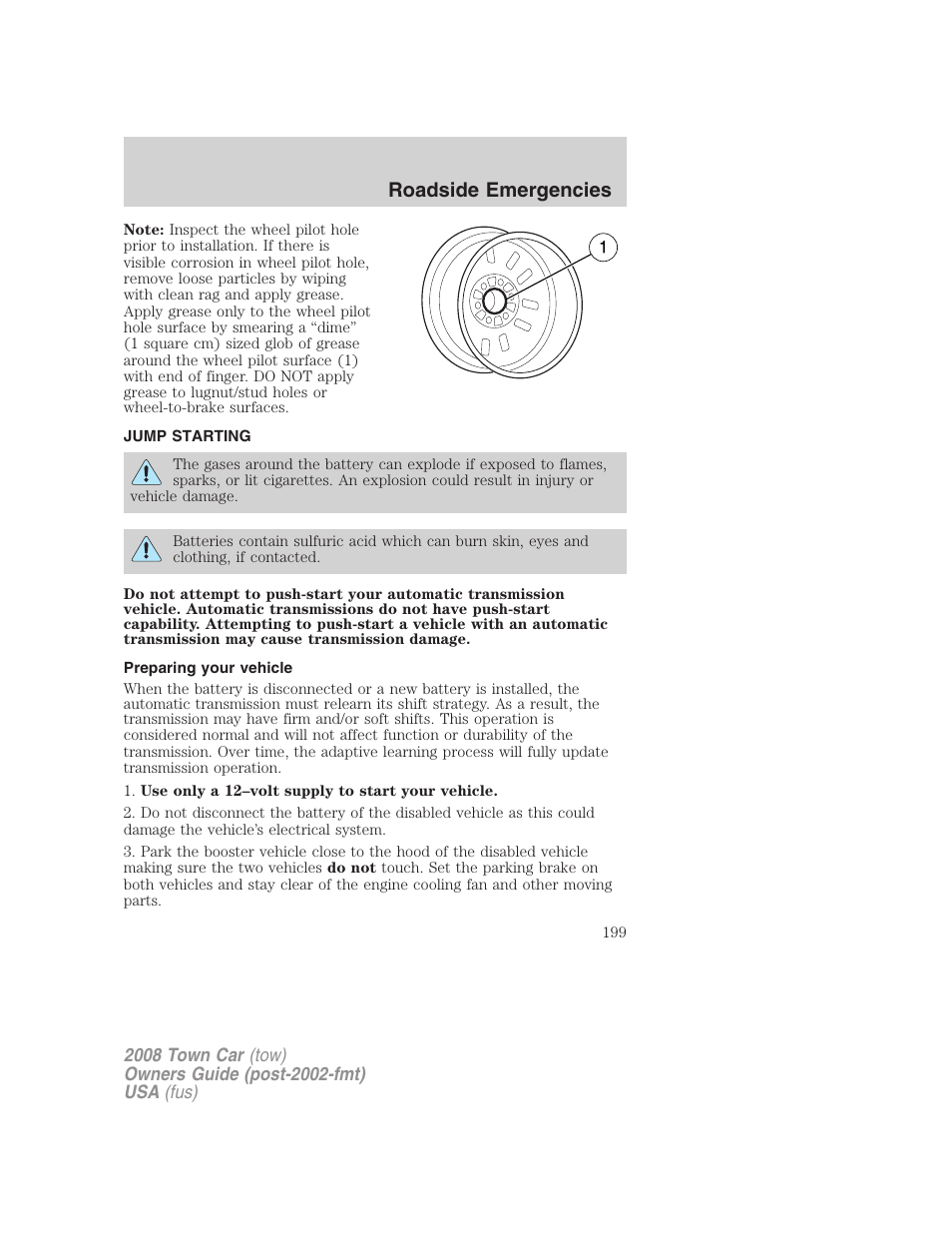 Jump starting, Preparing your vehicle, Roadside emergencies | Lincoln 2008 Town Car User Manual | Page 199 / 272