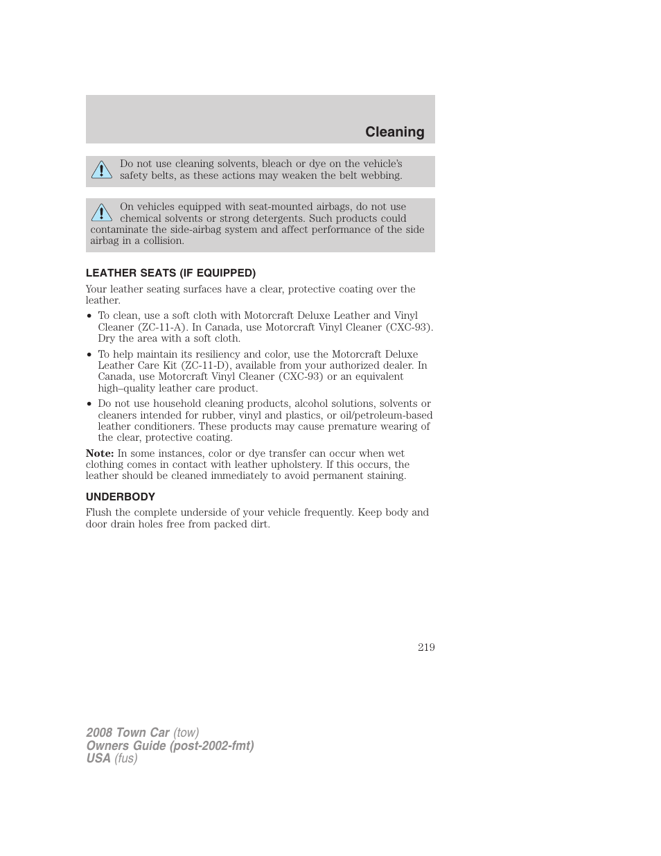 Leather seats (if equipped), Underbody, Cleaning | Lincoln 2008 Town Car User Manual | Page 219 / 272