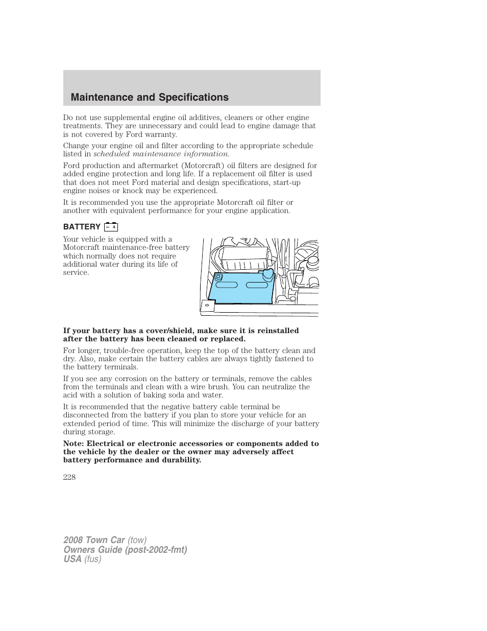 Battery, Maintenance and specifications | Lincoln 2008 Town Car User Manual | Page 228 / 272