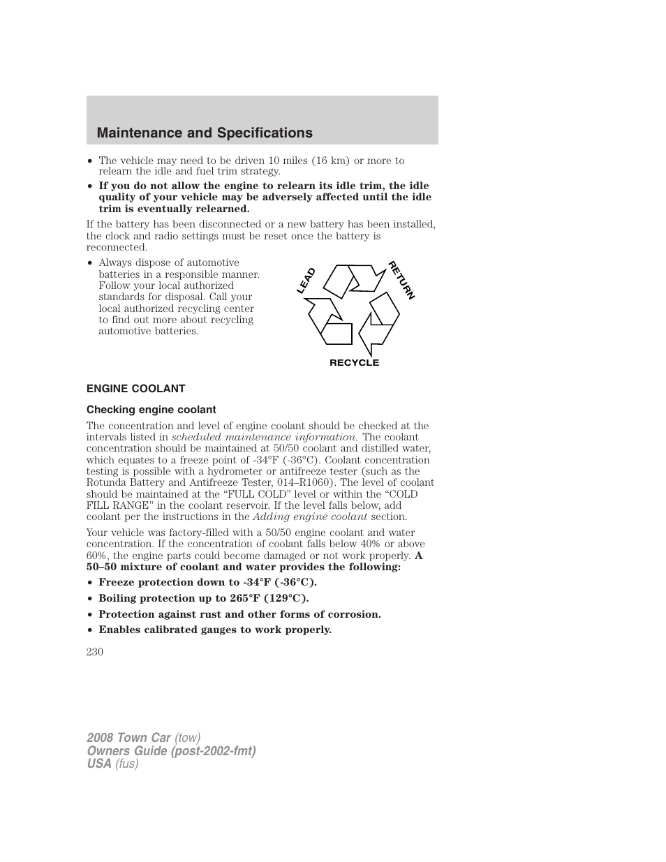 Engine coolant, Checking engine coolant, Maintenance and specifications | Lincoln 2008 Town Car User Manual | Page 230 / 272