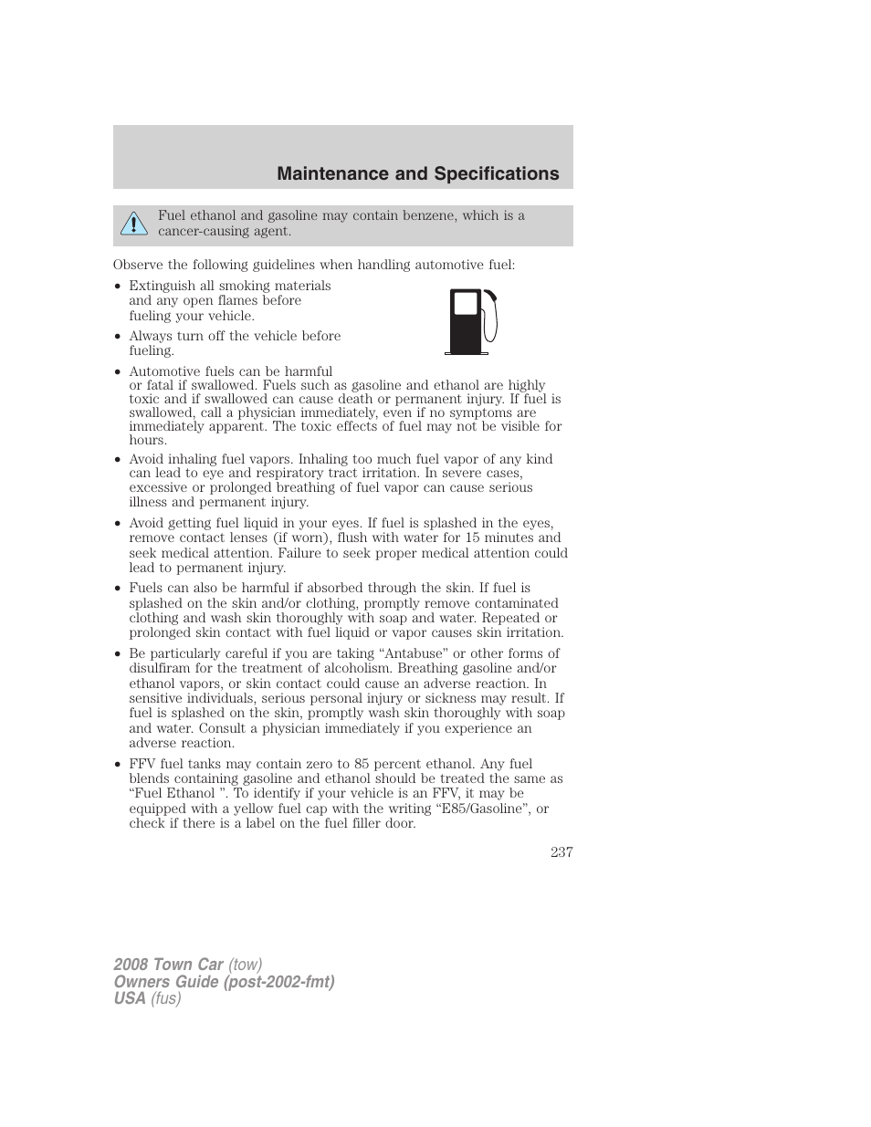 Maintenance and specifications | Lincoln 2008 Town Car User Manual | Page 237 / 272