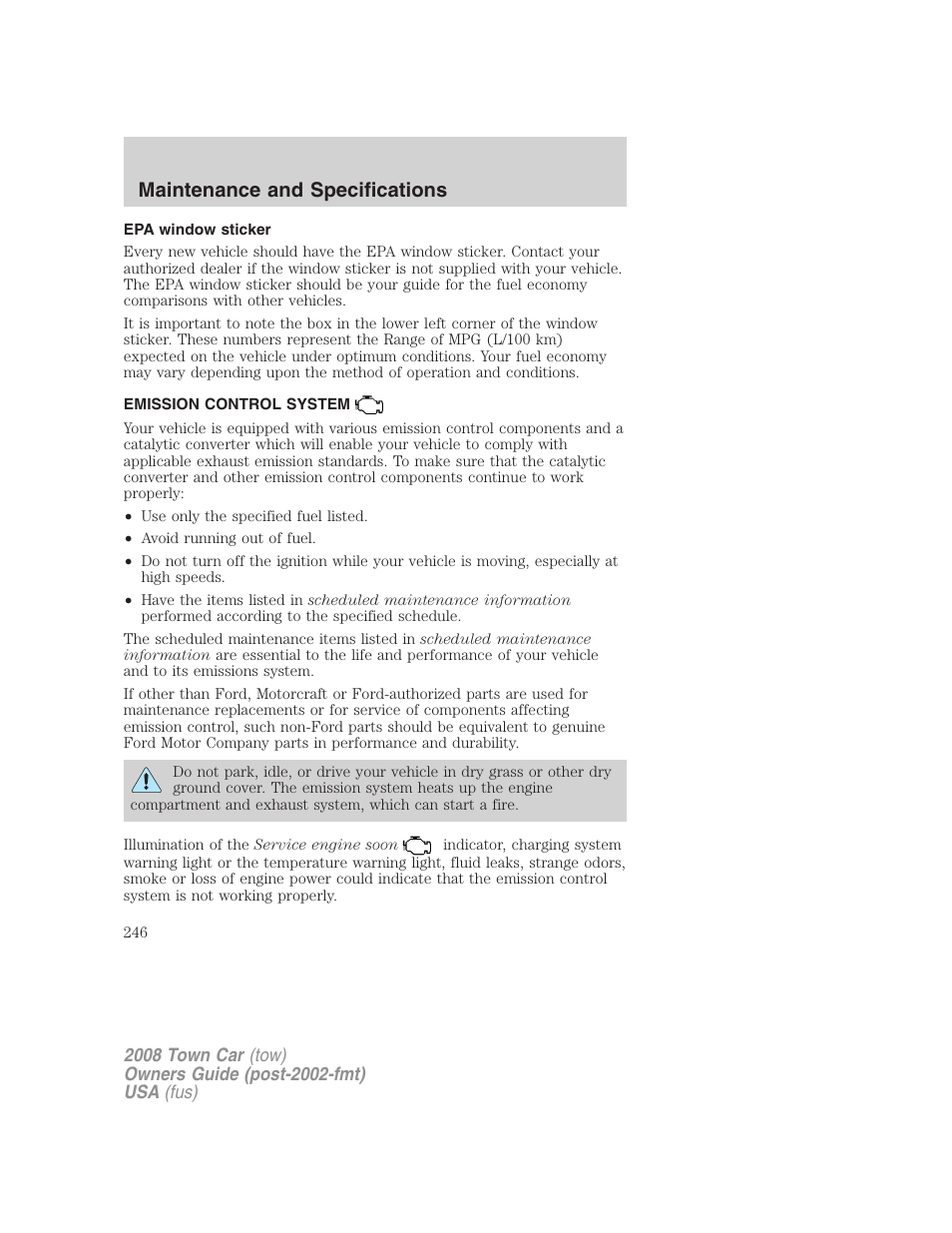 Epa window sticker, Emission control system, Maintenance and specifications | Lincoln 2008 Town Car User Manual | Page 246 / 272