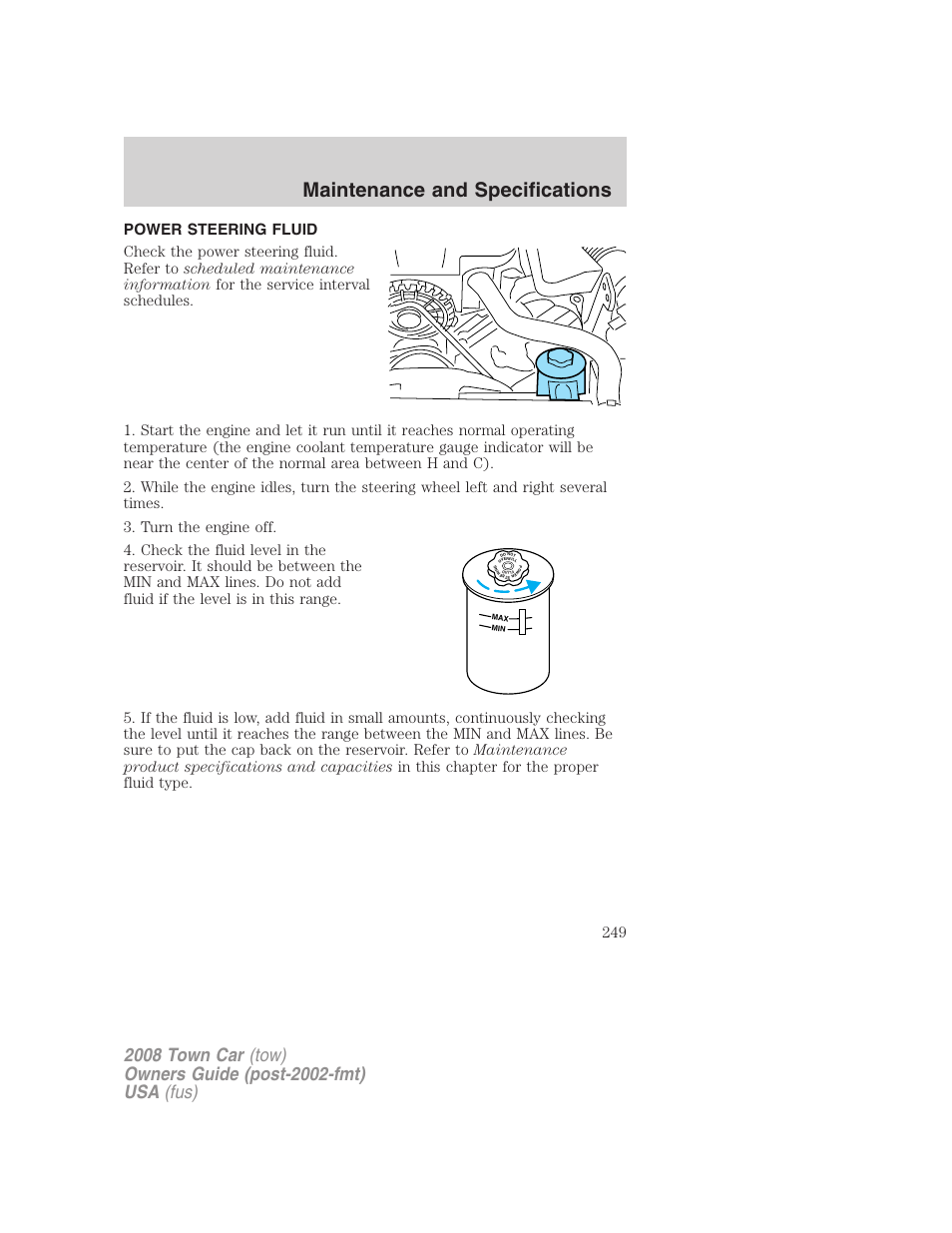 Power steering fluid, Maintenance and specifications | Lincoln 2008 Town Car User Manual | Page 249 / 272