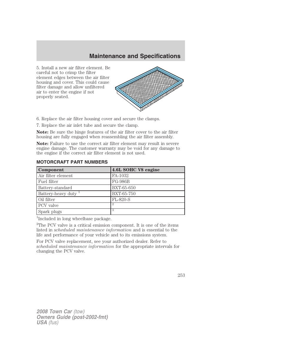 Motorcraft part numbers, Maintenance and specifications | Lincoln 2008 Town Car User Manual | Page 253 / 272