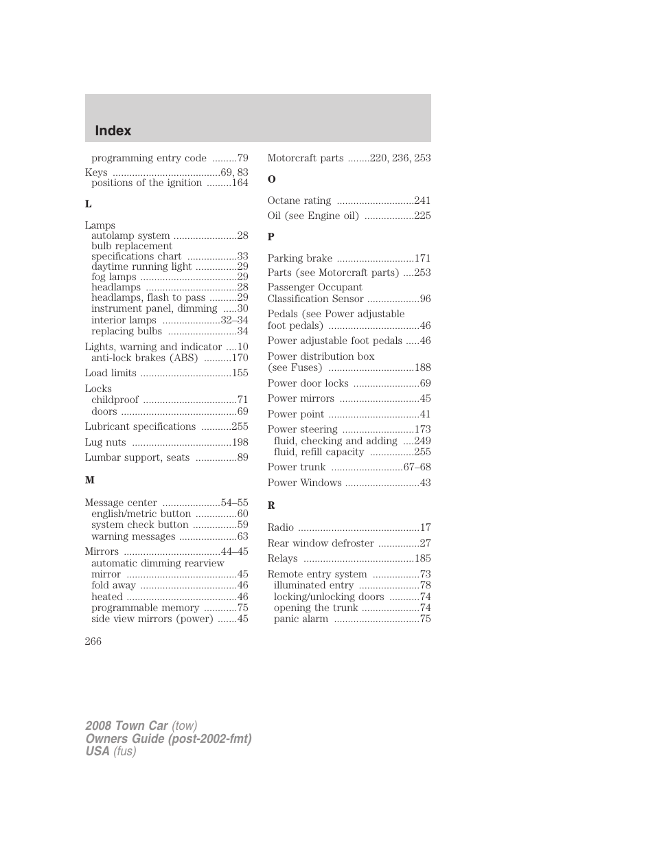 Index | Lincoln 2008 Town Car User Manual | Page 266 / 272