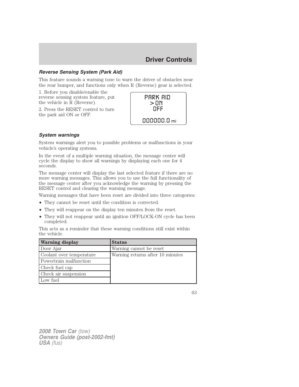 Reverse sensing system (park aid), System warnings, Driver controls | Lincoln 2008 Town Car User Manual | Page 63 / 272