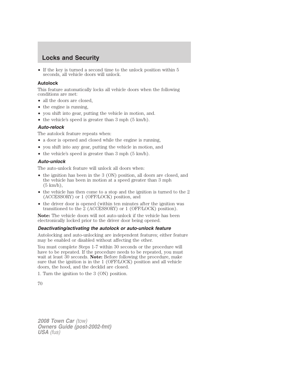 Autolock, Auto-relock, Auto-unlock | Locks and security | Lincoln 2008 Town Car User Manual | Page 70 / 272