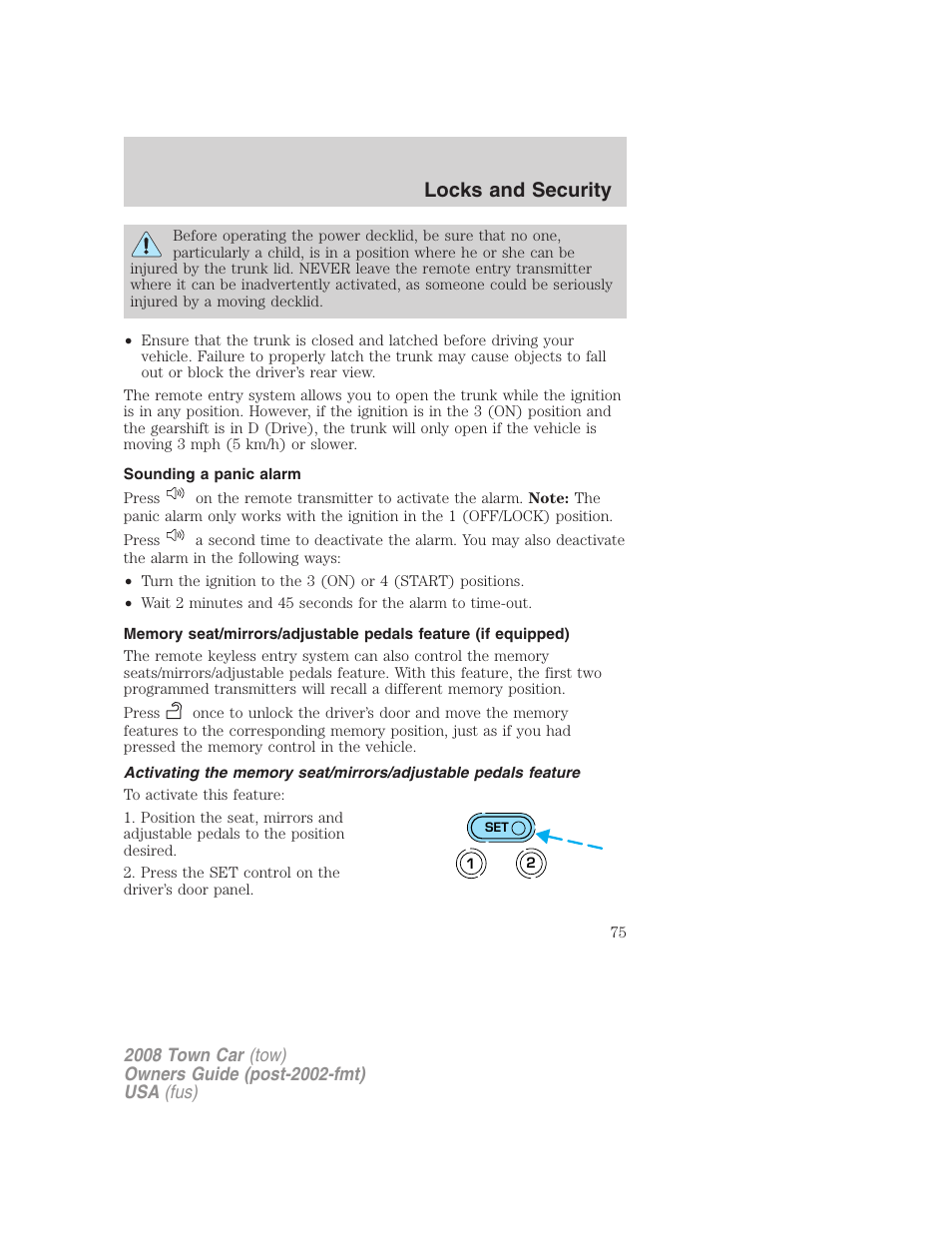 Sounding a panic alarm, Locks and security | Lincoln 2008 Town Car User Manual | Page 75 / 272