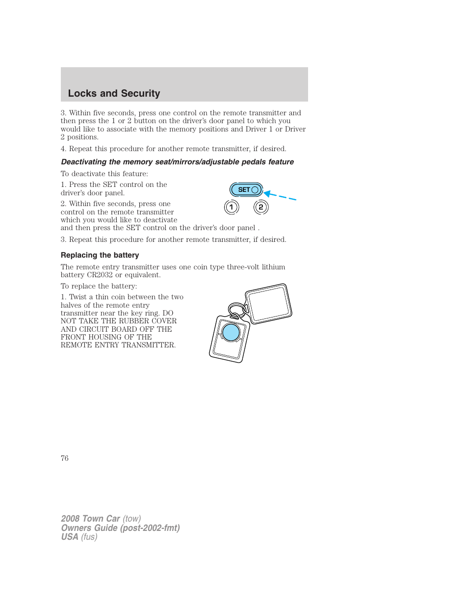 Replacing the battery, Locks and security | Lincoln 2008 Town Car User Manual | Page 76 / 272