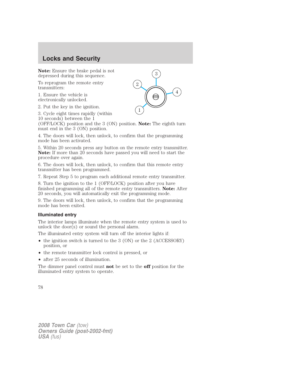 Illuminated entry, Locks and security | Lincoln 2008 Town Car User Manual | Page 78 / 272