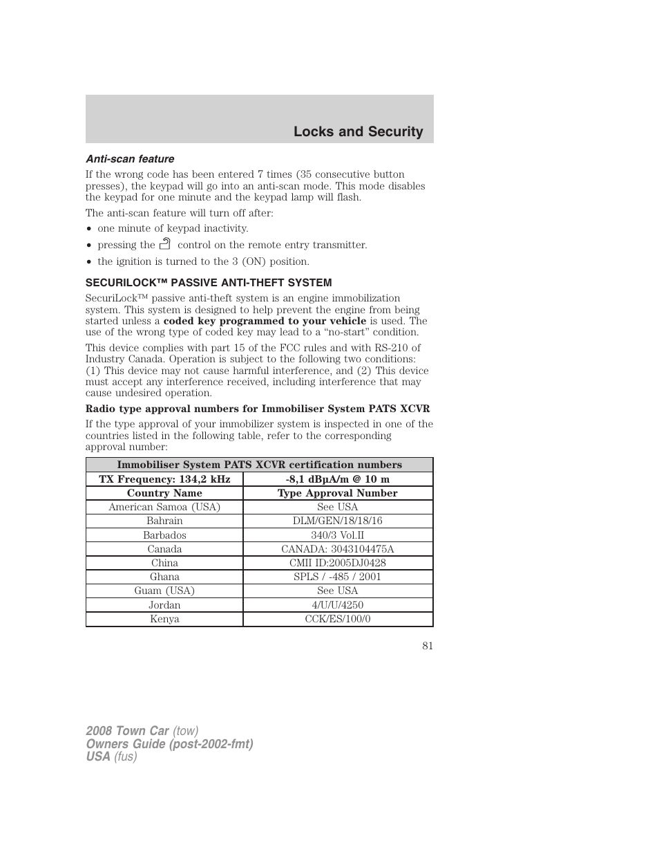 Anti-scan feature, Securilock™ passive anti-theft system, Anti-theft system | Locks and security | Lincoln 2008 Town Car User Manual | Page 81 / 272