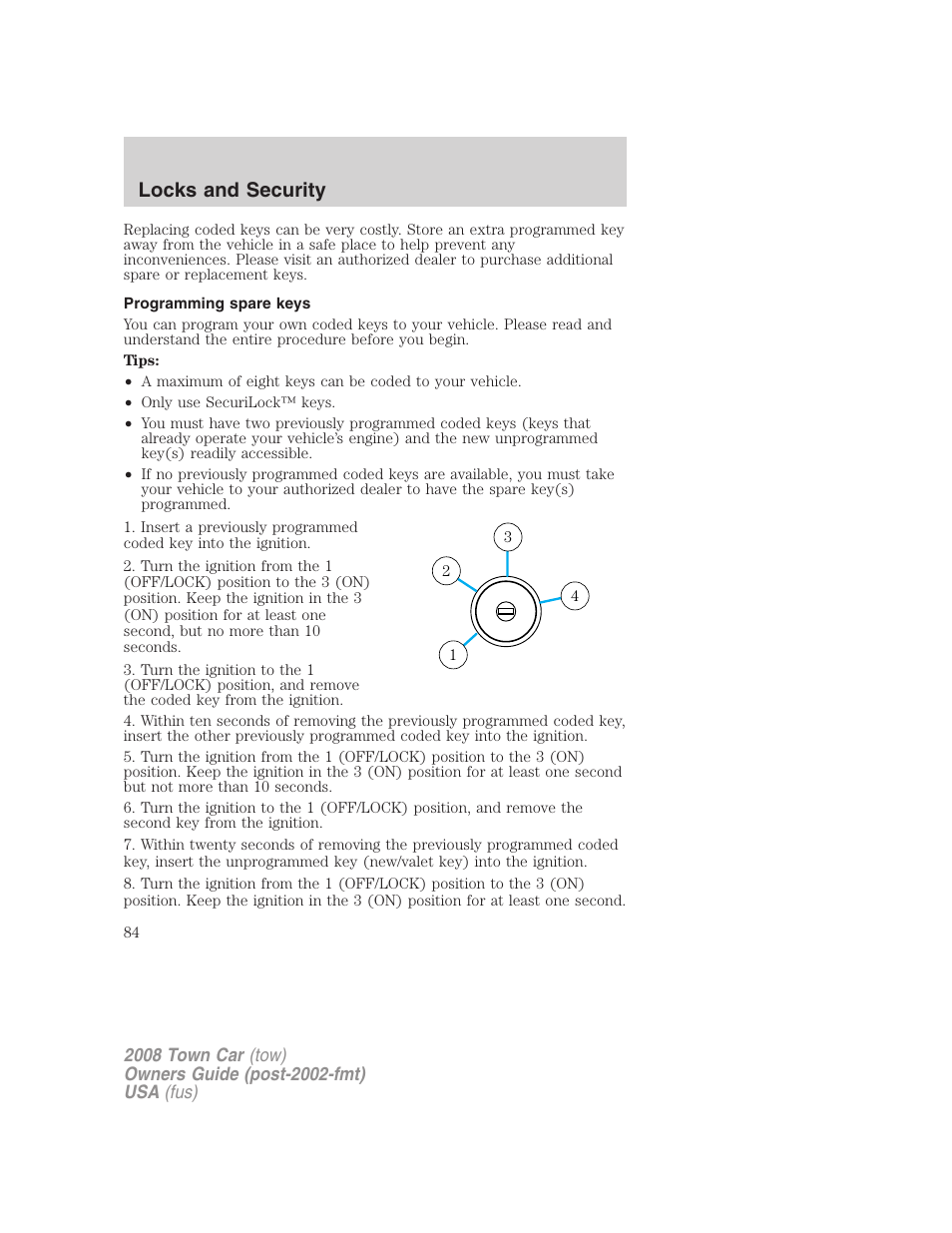 Programming spare keys, Locks and security | Lincoln 2008 Town Car User Manual | Page 84 / 272