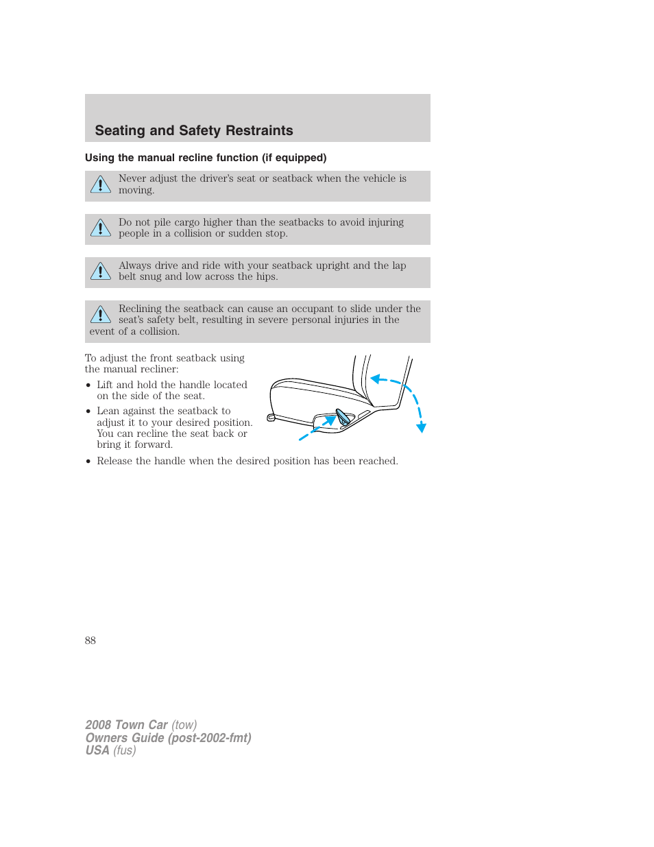 Using the manual recline function (if equipped), Seating and safety restraints | Lincoln 2008 Town Car User Manual | Page 88 / 272