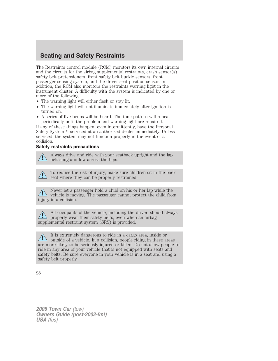 Safety restraints precautions, Seating and safety restraints | Lincoln 2008 Town Car User Manual | Page 98 / 272