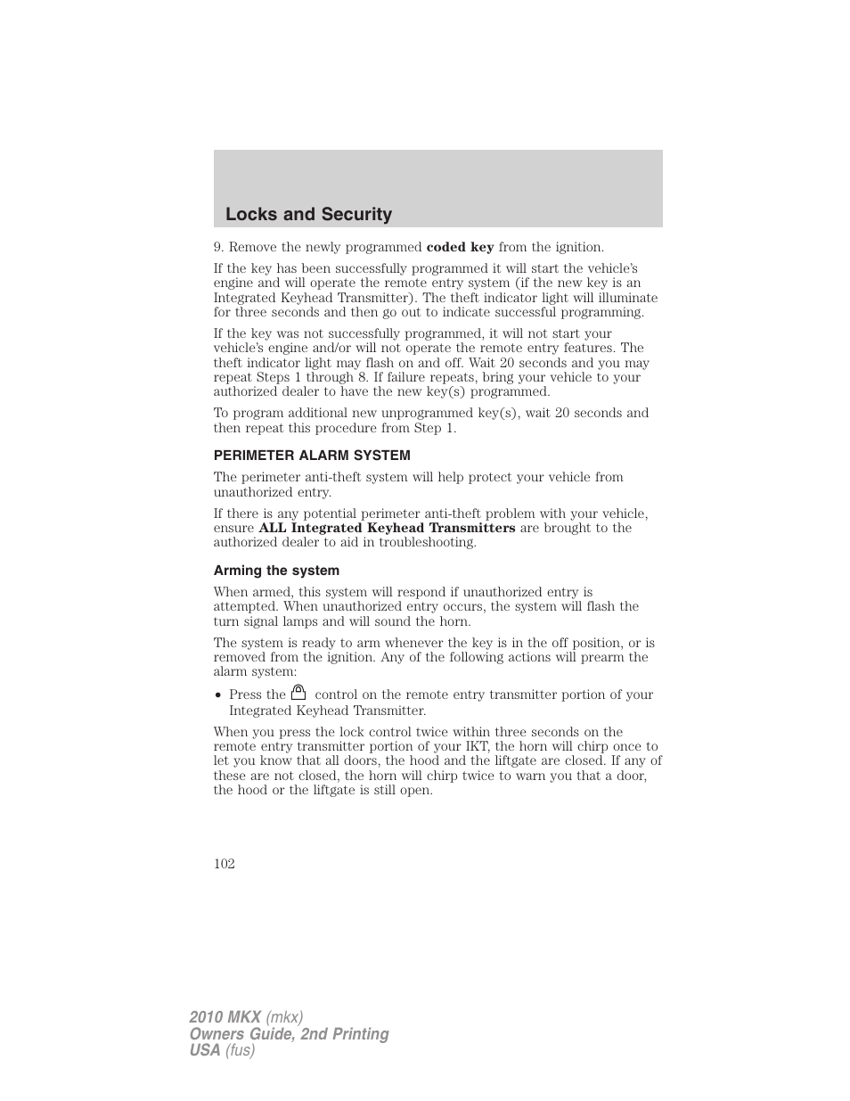 Perimeter alarm system, Arming the system, Locks and security | Lincoln 2010 MKX User Manual | Page 102 / 311