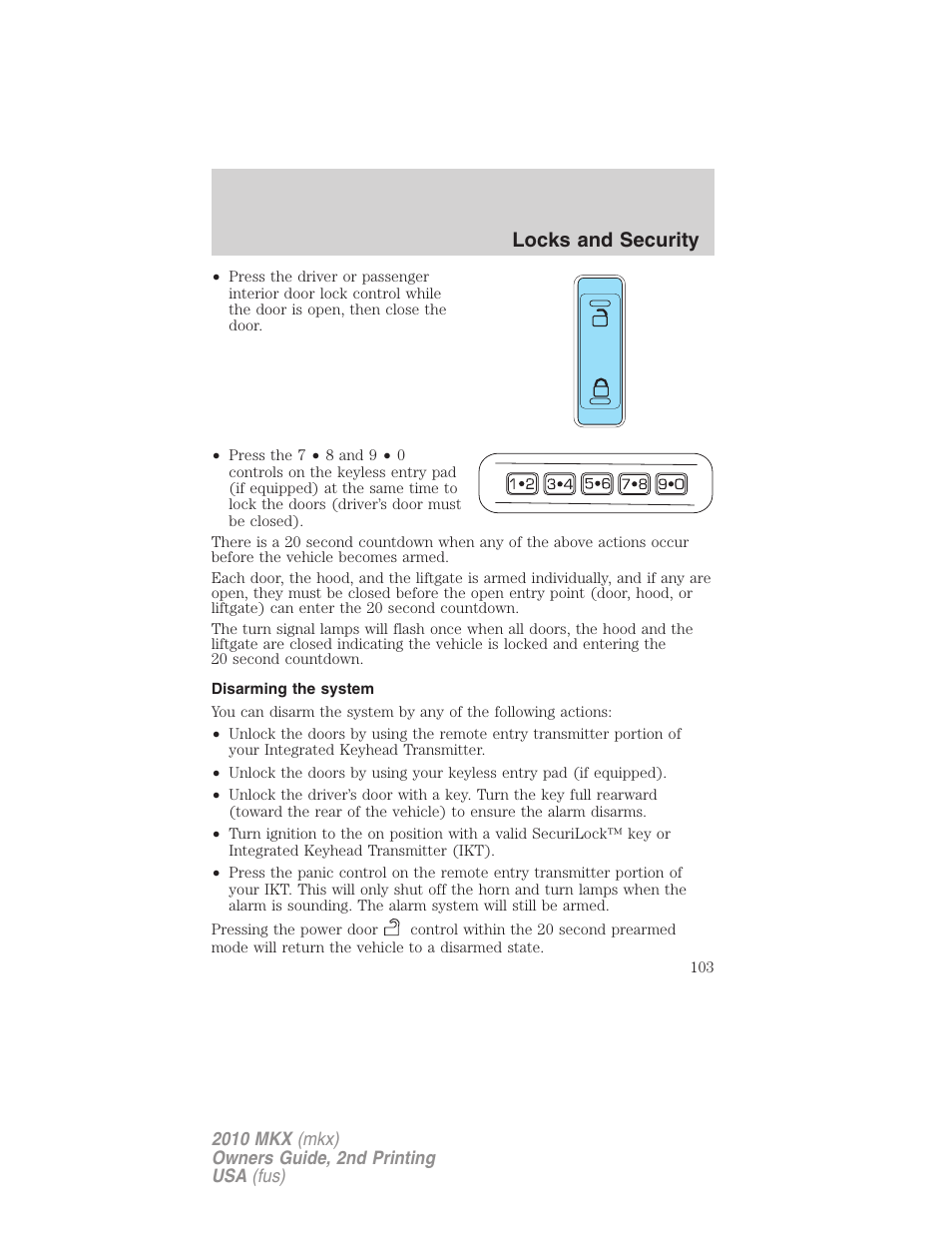 Disarming the system, Locks and security | Lincoln 2010 MKX User Manual | Page 103 / 311