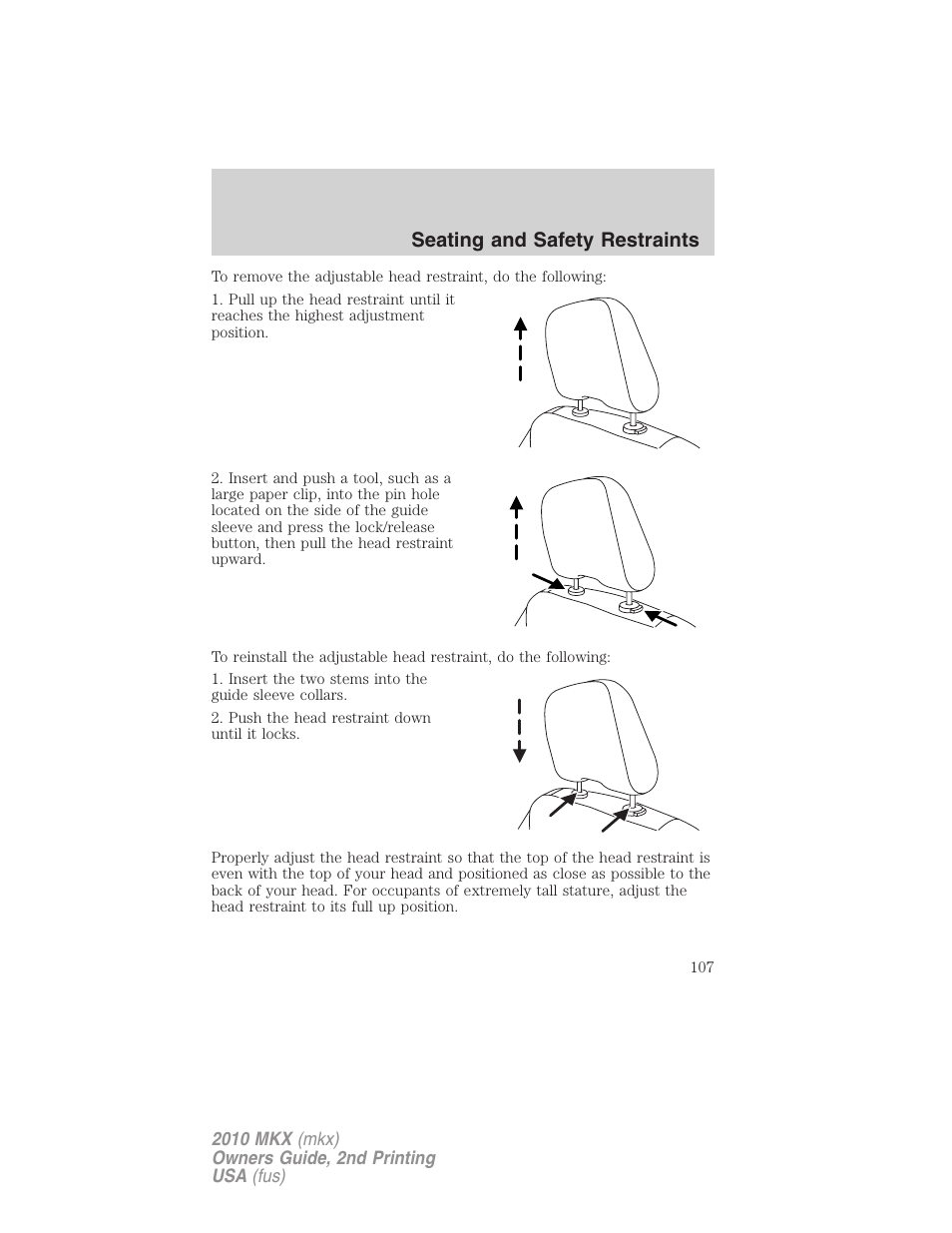 Seating and safety restraints | Lincoln 2010 MKX User Manual | Page 107 / 311