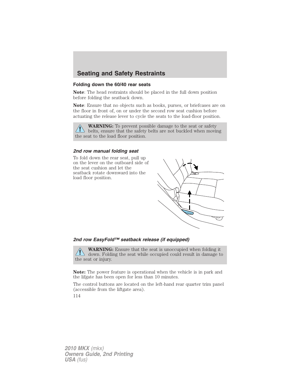 Folding down the 60/40 rear seats, 2nd row manual folding seat, 2nd row easyfold™ seatback release (if equipped) | Seating and safety restraints | Lincoln 2010 MKX User Manual | Page 114 / 311