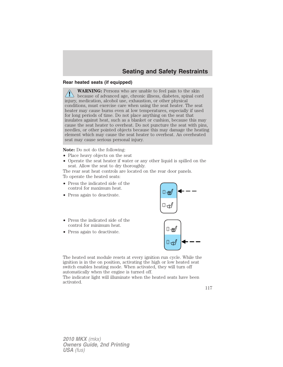 Rear heated seats (if equipped), Seating and safety restraints | Lincoln 2010 MKX User Manual | Page 117 / 311