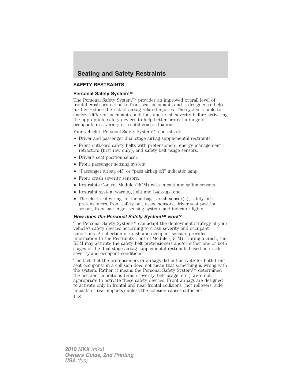 Safety restraints, Personal safety system, How does the personal safety system™ work | Seating and safety restraints | Lincoln 2010 MKX User Manual | Page 118 / 311