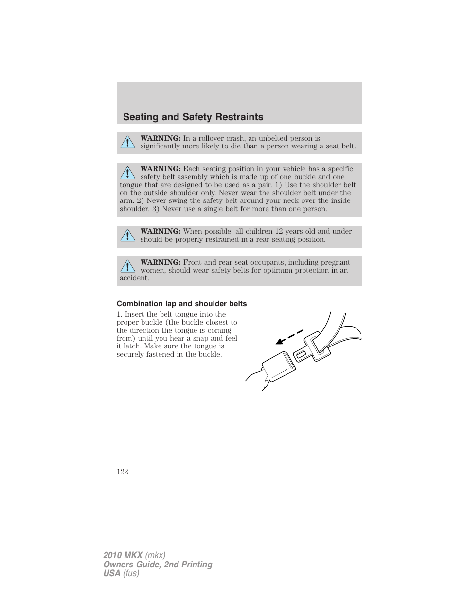 Combination lap and shoulder belts, Seating and safety restraints | Lincoln 2010 MKX User Manual | Page 122 / 311