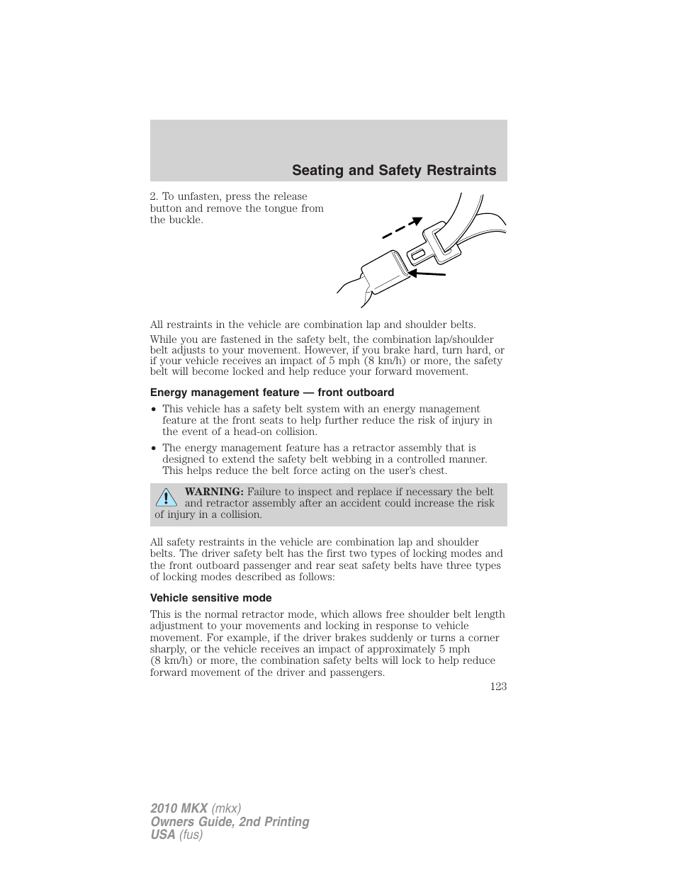 Energy management feature — front outboard, Vehicle sensitive mode, Seating and safety restraints | Lincoln 2010 MKX User Manual | Page 123 / 311