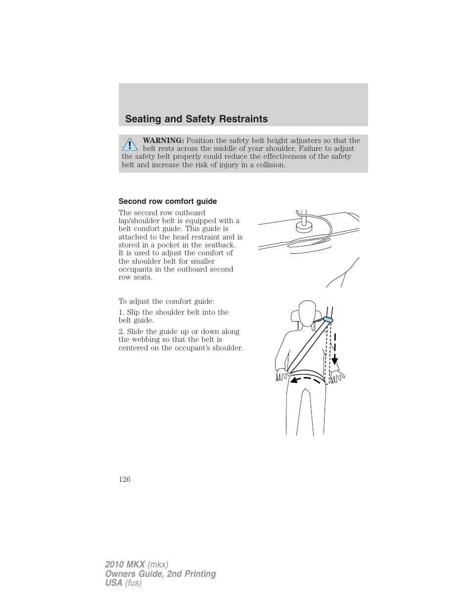 Second row comfort guide, Seating and safety restraints | Lincoln 2010 MKX User Manual | Page 126 / 311
